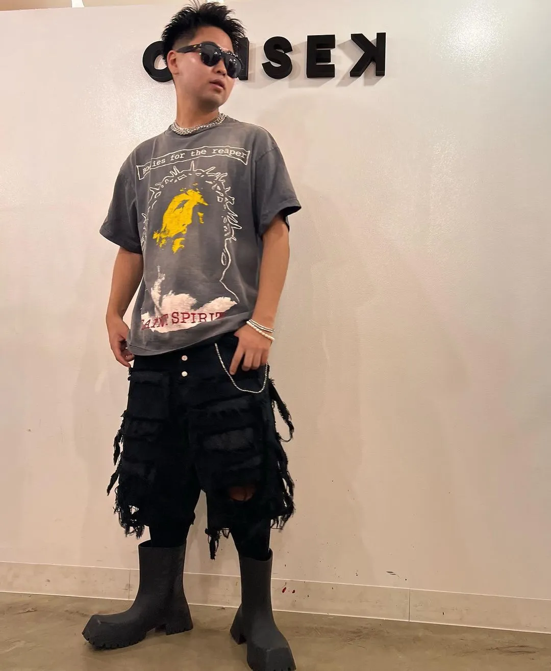 SAINT MICHAEL SS TEE/B FOR REAPER Jesus Hell's Angels Washed and Distressed Short Sleeves Washed Black S-XL Garment Dyed Printed Washed and Distressed